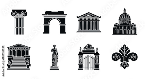 Black silhouette icons depicting various historical architectural structures, including columns, arches, temples, and a sculpture.