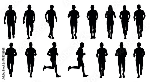 Silhouettes of multiple individuals engaging in various walking and jogging poses, highlighting diverse human activities in side and front profiles.