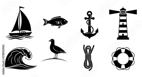 Black nautical icons including a sailboat, fish, anchor, lighthouse, wave, seagull, rope, and lifebuoy, depicting marine and sea-related themes.