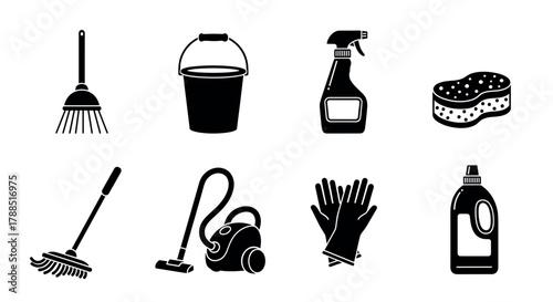 Black silhouette icons of various cleaning tools, including a broom, bucket, spray bottle, sponge, mop, vacuum cleaner, gloves, and detergent bottle.