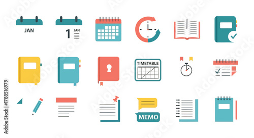 Collection of colorful flat design illustrations of calendars notebooks and stationery items for planning and organization