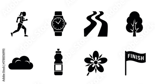 Black silhouette icons representing running female, wristwatch, winding road, tree, cloud, water bottle, flower, and a finish line flag.