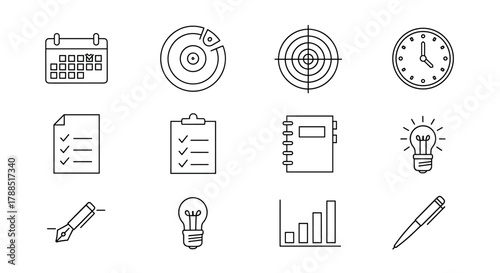 Black outline icons of office supplies including a calendar, clipboard, clock, and lightbulb, symbolizing organization and creativity.