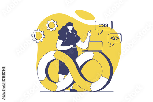DevOps web concept with flat people for website design. Woman making organisation and teamwork infrastructure with agile production cycles, work with management and programming. Vector illustration.