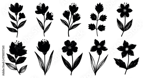 Black silhouette illustrations of ten different stylized floral shapes, each displaying unique petal and leaf arrangements.