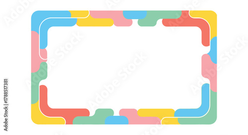 Colorful puzzle piece border frame with rounded corners and white copy space background