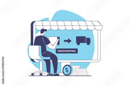 Digital business web concept with flat people for website design. Man working in online dropshipping company, getting orders with payments and shipping products to clients. Vector illustration.