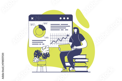 Digital business web concept with flat people for website design. Woman analyzing financial data on diagram and chart, analyzing sells performances and clients, making report. Vector illustration.