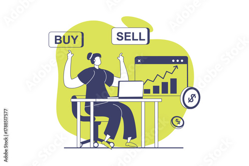 Digital business web concept with flat people for website design. Woman analyzing financial data on chart, analyzing sells performances, getting profit progress and earning. Vector illustration.