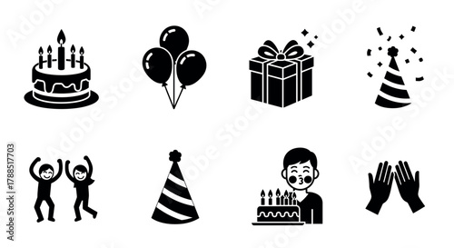 Black and white icons depicting various birthday celebration elements, including a cake, balloons, gift, hat, dancing figures, and clapping hands.