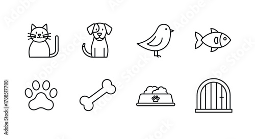 Black outline icons of a cat, dog, bird, and fish, along with a paw print, bone, pet food bowl, and pet door, representing various aspects of pet care and animals.