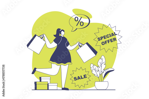 Discount store web concept with flat people for website design. Woman with bags making bargain purchases, buying with special offer prices at sales in stores, getting gifts. Vector illustration.
