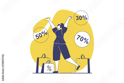 Discount store web concept with flat people for website design. Woman with bags making bargain purchases with best prices, buying with special offer at seasonal sales in stores. Vector illustration.