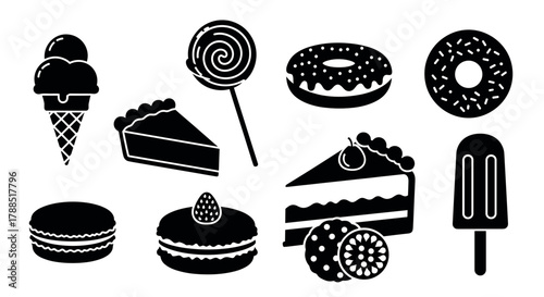 Black silhouette icons of various desserts, including ice cream, pie slices, lollipop, donuts, macarons, cakes, and a popsicle.
