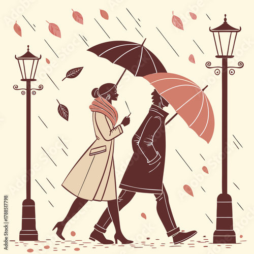 Couple walking under umbrellas on a rainy autumn day with streetlights and falling leaves