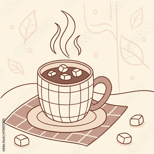 Cozy hot chocolate with marshmallows and steam in a mug