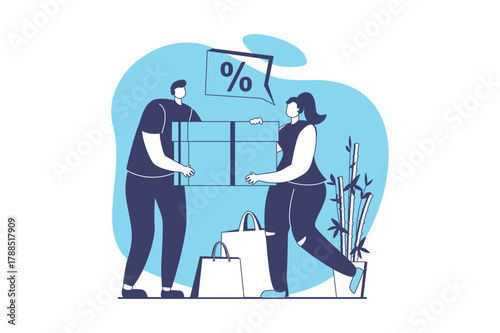 Discount store web concept with flat people for website design. Man and woman with bags making bargain purchases, buying with special offers and loyalty program and getting gift. Vector illustration.