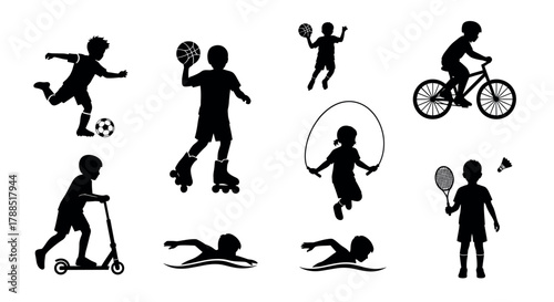 Silhouette figures of children engaged in various sports activities, including soccer, skating, cycling, jumping rope, swimming, scooting, and playing badminton.
