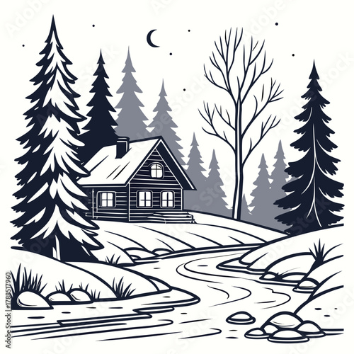 Cozy winter cabin nestled among snow covered pine trees and a winding stream under the moonlight