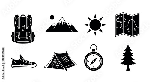 Black outline vector icons of outdoor equipment, including a backpack, mountain, sun, map, sneaker, tent, compass, and tree, representing travel and adventure.