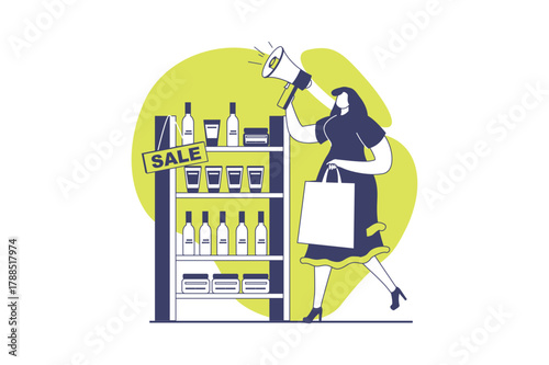Discount store web concept with flat people for website design. Woman making announcement about bargain prices near product shelf, attracting clients to buying with special offer. Vector illustration.