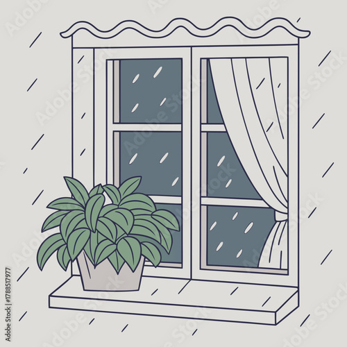 Cozy window with potted plant on a rainy day