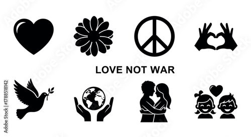 Black silhouette icons representing love, peace, and unity, featuring a heart, flower, peace sign, and figures of a couple and children.