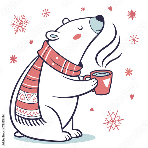 Cute polar bear wearing a scarf holding a warm drink surrounded by snowflakes
