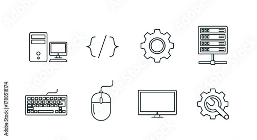 Minimalist black outline icons depicting technology elements including a desktop computer, coding brackets, gear, server rack, keyboard, mouse, monitor, and gear with wrench.