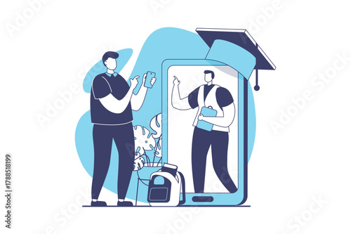 Distant learning web concept with flat people for website design. Student graduating virtual class online and getting diplom, ending professional courses and gets congratulation. Vector illustration.