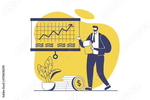 Financial analysis web concept with flat people for website design. Man working with data chart with growth arrow, making financial report with statistics and doing presentation. Vector illustration.