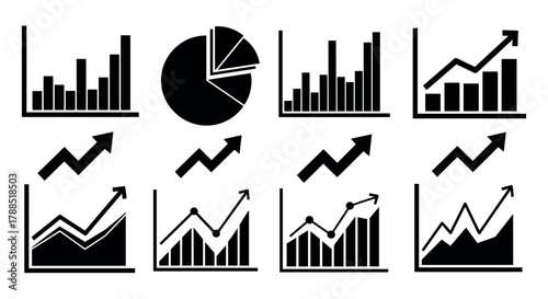 Black silhouette icons of various charts and graphs, including bar, pie, and line charts, with upward trending arrows.