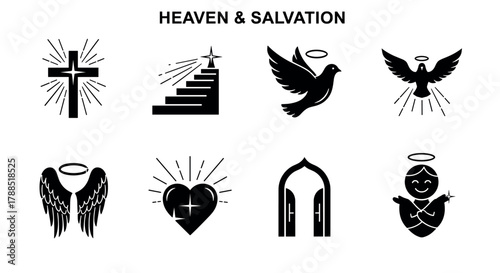 Black and white icons representing religious symbols, including a cross, dove, angel, wings, heart, staircase, and gate, signifying themes of heaven and salvation.
