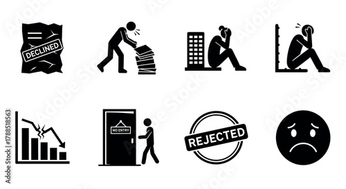 Black silhouettes depict scenes of decline, rejection, and sadness, including crumpled paper, overwhelmed figure, sitting individuals, and a downward graph.