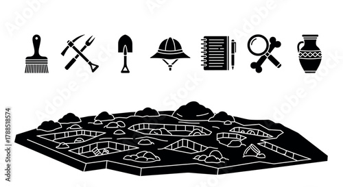 Black silhouette icons depicting archaeological tools and artifacts, including a brush, pickaxe, shovel, pith helmet, notebook, magnifying glass, bones, and a vase.