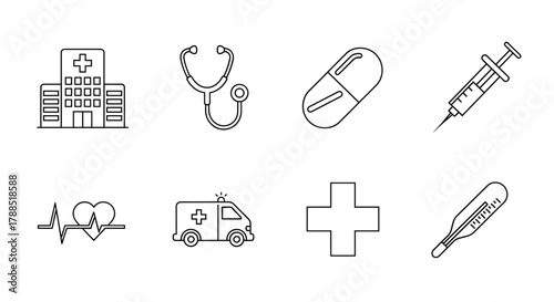 A collection of eight black linear medical icons including a hospital, stethoscope, pill, syringe, heart rate, ambulance, cross, and thermometer.