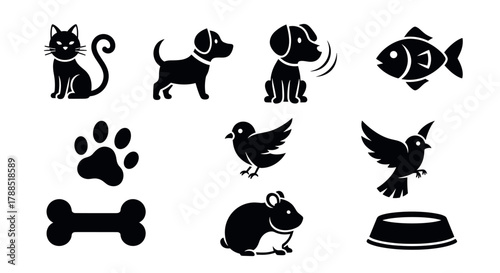 Black silhouette icons of various animals including a cat, dogs, fish, birds, a paw print, bone, and a guinea pig, symbolizing pets and domesticated creatures.