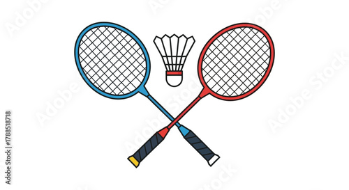 Two crossed badminton rackets and a shuttlecock on a white background representing the sport of badminton