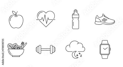 Eight black outline health and fitness icons including an apple, heart with pulse, water bottle, sneaker, salad bowl, dumbbell, cloud with moon and stars, and smartwatch.