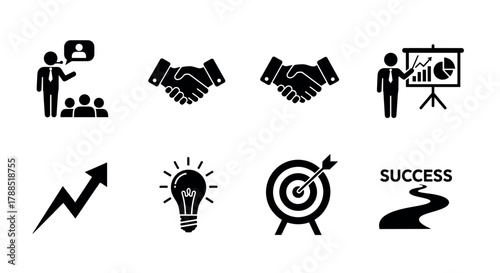 Black silhouette icons depict various business and success concepts, including presentations, networking, growth, innovation, target achievement, and a success path.
