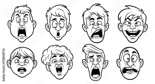 Eight black and white cartoon faces of young males displaying various expressions including surprise, fear, and joy.