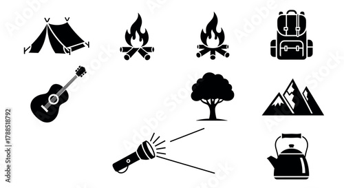 Black silhouette camping icons set featuring tent, campfire, backpack, guitar, tree, mountains, flashlight, and kettle, designed for outdoor adventure themes.