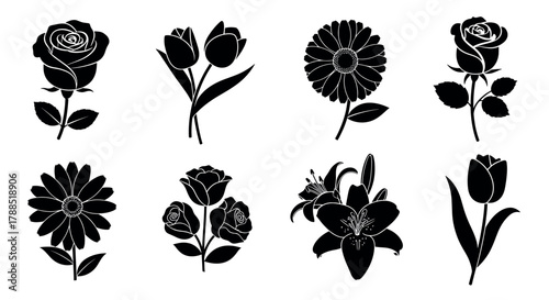 Eight black silhouette icons of various flowers, including roses, tulips, daisies, and lilies, arranged in two rows.