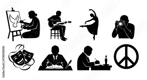 Black silhouette icons of people engaged in various creative activities, such as painting, playing guitar, dancing, photographing, writing, and performing theater.