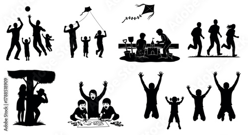 Silhouette scenes of adults and children engaging in various outdoor activities like kite flying, playing sports, and building sandcastles.