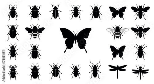 Collection of various black silhouette insect icons, featuring butterflies, beetles, bees, and dragonflies arranged symmetrically against a white background.