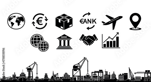 Black and white icons illustrate global trade concepts with symbols of currency, banking, transport, and supply chain over an industrial port skyline.