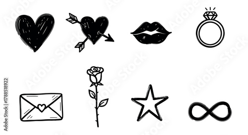 Black hand-drawn style icons of heart symbols, lips, ring, love letter, rose, star, and infinity sign, representing love and romance themes.