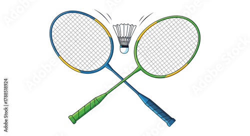 Two crossed badminton rackets and a shuttlecock on a white background representing the sport of badminton