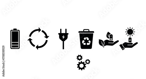 Black silhouette icons representing battery life, recycling, electrical plug, trash can with recycle symbol, eco-friendly hands with energy and gears.